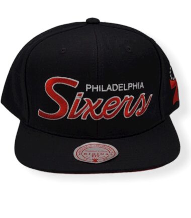 Mitchell & Ness Philadelphia 76ers Team Script 2.0 Black Adjustable Snapback Hat Cap