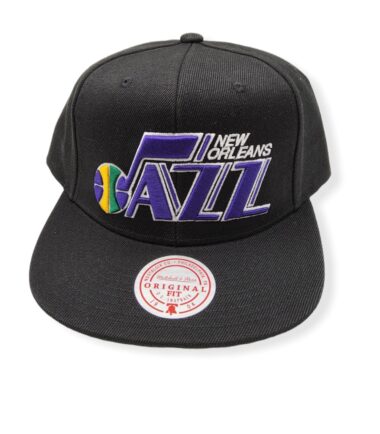 Mitchell & Ness New Orleans Jazz Core Basic Script Hardwood Classics Black Adjustable Snapback Hat Cap