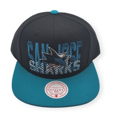 Mitchell & Ness San Jose Sharks Cross Check Black/Teal Adjustable Snapback Hat Cap